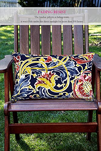 FBTS Prime Pack of 2 Outdoor Waterproof Decorative Lumbar Pillows with Inserts for Patio Furniture, 20x12 Inch Fade Resistant Patio Garden Lumbar Cushions for Couch Bed Sofa, Jacobean Navy