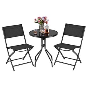 yaheetech 3 piece patio bistro set, outdoor bistro set w/2 folding chairs, tempered glass table top, garden backyard dining table set all weather resistant outdoor furniture set, black
