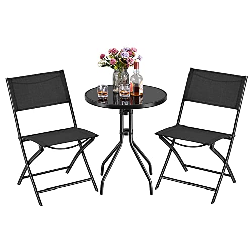 Yaheetech 3 Piece Patio Bistro Set, Outdoor Bistro Set w/2 Folding Chairs, Tempered Glass Table Top, Garden Backyard Dining Table Set All Weather Resistant Outdoor Furniture Set, Black