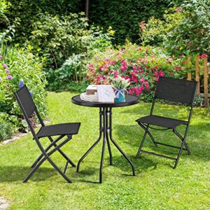 Yaheetech 3 Piece Patio Bistro Set, Outdoor Bistro Set w/2 Folding Chairs, Tempered Glass Table Top, Garden Backyard Dining Table Set All Weather Resistant Outdoor Furniture Set, Black