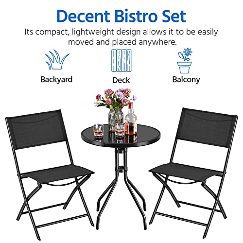 Yaheetech 3 Piece Patio Bistro Set, Outdoor Bistro Set w/2 Folding Chairs, Tempered Glass Table Top, Garden Backyard Dining Table Set All Weather Resistant Outdoor Furniture Set, Black
