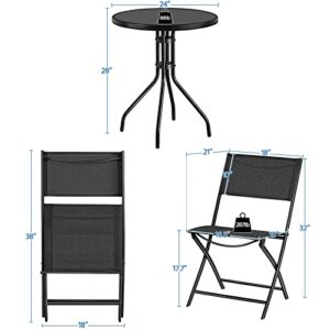 Yaheetech 3 Piece Patio Bistro Set, Outdoor Bistro Set w/2 Folding Chairs, Tempered Glass Table Top, Garden Backyard Dining Table Set All Weather Resistant Outdoor Furniture Set, Black