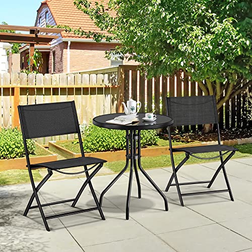 Yaheetech 3 Piece Patio Bistro Set, Outdoor Bistro Set w/2 Folding Chairs, Tempered Glass Table Top, Garden Backyard Dining Table Set All Weather Resistant Outdoor Furniture Set, Black