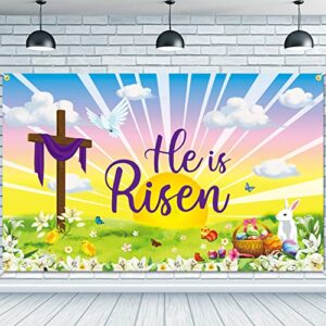 jkq easter he is risen backdrop banner 73 x 43 inch large size jesus resurrection cross sun lily background banner religious holiday party decorations easter spring indoor outdoor photo booth props