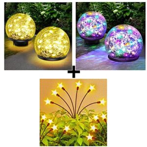 keevvon solar garden lights – 2 pack of solar starburst swaying light and 4 pack of cracked glass solar globe lights, solar outdoor lights decorative yard patio pathway decoration, warm white, multico