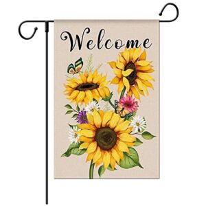 wodison spring summer sunflower welcome garden flag, vertical double sided floral butterfly burlap flag, outdoor decoration for outside yard farmhouse 12 x 18 inch (only flag)