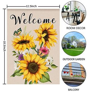 WODISON Spring Summer Sunflower Welcome Garden Flag, Vertical Double Sided Floral Butterfly Burlap Flag, Outdoor Decoration For Outside Yard Farmhouse 12 x 18 Inch (ONLY FLAG)