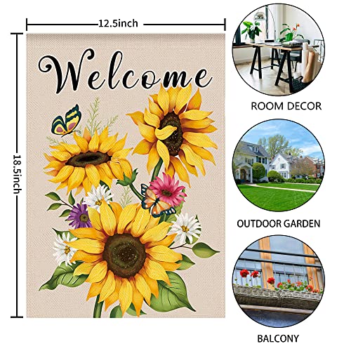 WODISON Spring Summer Sunflower Welcome Garden Flag, Vertical Double Sided Floral Butterfly Burlap Flag, Outdoor Decoration For Outside Yard Farmhouse 12 x 18 Inch (ONLY FLAG)