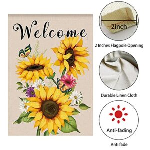 WODISON Spring Summer Sunflower Welcome Garden Flag, Vertical Double Sided Floral Butterfly Burlap Flag, Outdoor Decoration For Outside Yard Farmhouse 12 x 18 Inch (ONLY FLAG)