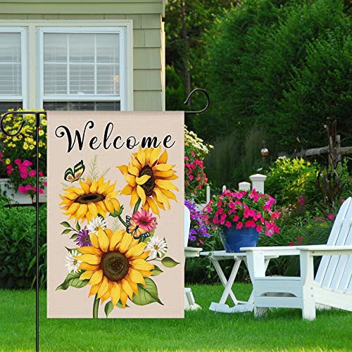 WODISON Spring Summer Sunflower Welcome Garden Flag, Vertical Double Sided Floral Butterfly Burlap Flag, Outdoor Decoration For Outside Yard Farmhouse 12 x 18 Inch (ONLY FLAG)