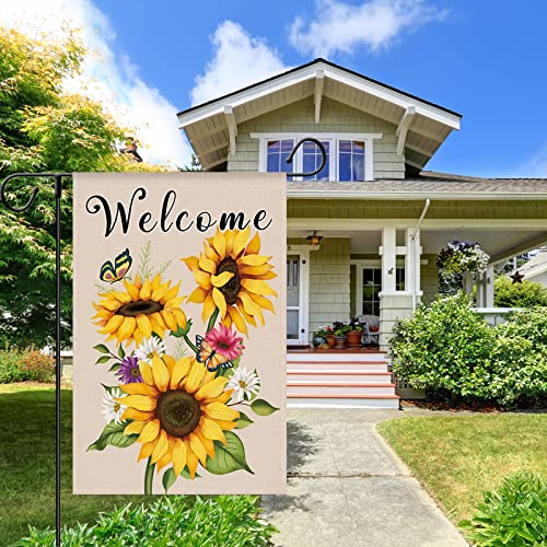 WODISON Spring Summer Sunflower Welcome Garden Flag, Vertical Double Sided Floral Butterfly Burlap Flag, Outdoor Decoration For Outside Yard Farmhouse 12 x 18 Inch (ONLY FLAG)