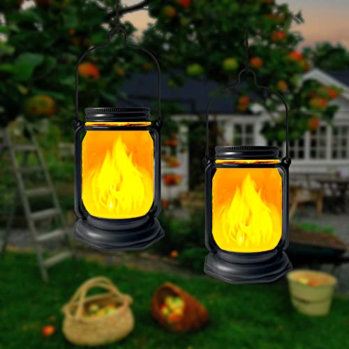 Solar Garden Lantern Light Mason Jar Torch Lights Hanging or Stick in Lawn for Outdoor Patio Garden Table Decor Gift-2 Pack