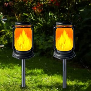 Solar Garden Lantern Light Mason Jar Torch Lights Hanging or Stick in Lawn for Outdoor Patio Garden Table Decor Gift-2 Pack