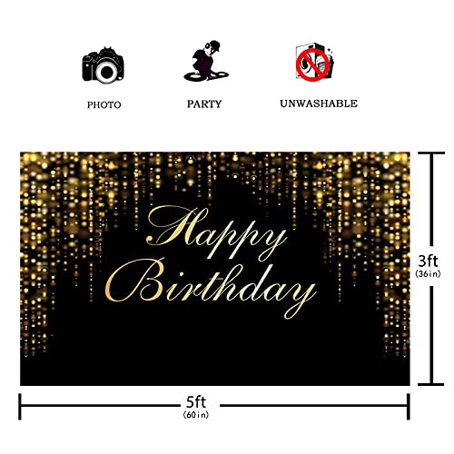 Funnytree 59" x 35" Happy Birthday Party Backdrop Black and Gold Glitter Bokeh Sequin Spots Photography Background Golden Sparkle Shining Dots Baby Abstract Milestone Banner Cake Table Decor Photo