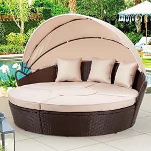 AECOJOY Outdoor Daybed with Canopy, Patio Daybed with Washable Cushions and 3 Extra Pillows, Rattan Wicker Separated Seating Sectional Sofa for Patio Lawn Garden Backyard Porch Pool