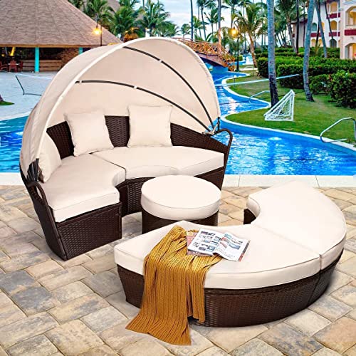 AECOJOY Outdoor Daybed with Canopy, Patio Daybed with Washable Cushions and 3 Extra Pillows, Rattan Wicker Separated Seating Sectional Sofa for Patio Lawn Garden Backyard Porch Pool