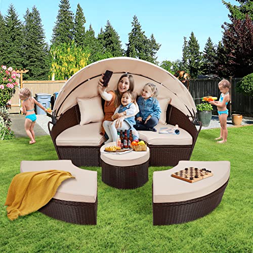 AECOJOY Outdoor Daybed with Canopy, Patio Daybed with Washable Cushions and 3 Extra Pillows, Rattan Wicker Separated Seating Sectional Sofa for Patio Lawn Garden Backyard Porch Pool