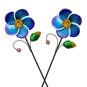 viveta 2 pack wind spinners with metal stake, 28.7 inches outdoor garden pinwheels spinners blue flower shape design for yard lawn patio decor