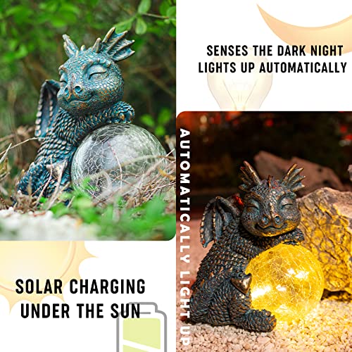 WONDER GARDEN Dragon Statue - Sleeping Dragon Figurines Solar Light Resin Garden Statues with Crackled Glass Globe Outdoor Waterproof Lawn Ornament Decor