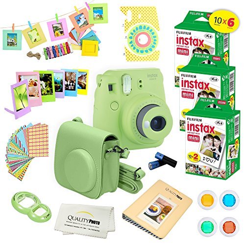 Fujifilm Instant Camera Lime Green w/Fujifilm Instax Mini 9 Instant Films (60 Pack) + A14 Pc Deluxe Bundle for Fujifilm Instax Mini 9 Camera