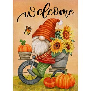 selmad welcome fall gnome pumpkin decorative burlap garden flag, bike sunflower home yard small outdoor decor, harvest thanksgiving autumn outside decoration double sided 12 x 18