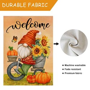 Selmad Welcome Fall Gnome Pumpkin Decorative Burlap Garden Flag, Bike Sunflower Home Yard Small Outdoor Decor, Harvest Thanksgiving Autumn Outside Decoration Double Sided 12 x 18