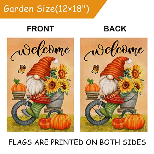 Selmad Welcome Fall Gnome Pumpkin Decorative Burlap Garden Flag, Bike Sunflower Home Yard Small Outdoor Decor, Harvest Thanksgiving Autumn Outside Decoration Double Sided 12 x 18