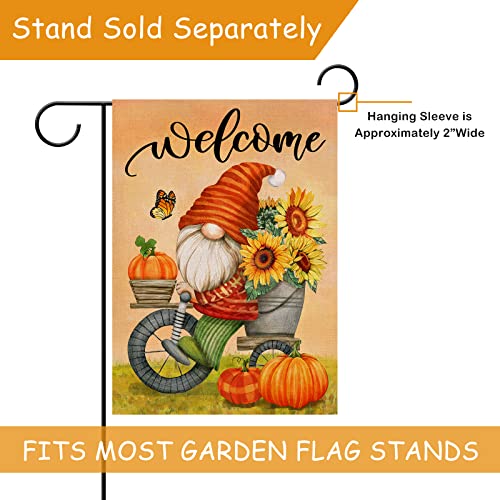 Selmad Welcome Fall Gnome Pumpkin Decorative Burlap Garden Flag, Bike Sunflower Home Yard Small Outdoor Decor, Harvest Thanksgiving Autumn Outside Decoration Double Sided 12 x 18