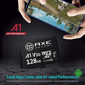 AXE MEMORY 128GB microSDXC Memory Card + SD Adapter with A1 App Performance, V30 UHS-I U3 4K