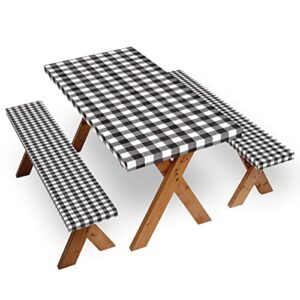 outdoor picnic table covers with bench covers set – waterproof/elastic/easy to fitted for camping/tablecloth/patio/garden- (black and white 3pcs )