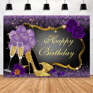aperturee 7x5ft sweet purple happy birthday backdrop rose shiny sequin high heels champagne golden frame glasses photography background party decorations adults women photo booth props banner