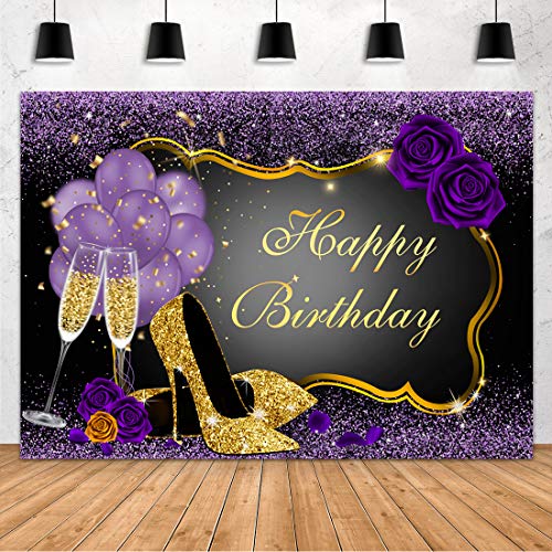 Aperturee 7x5FT Sweet Purple Happy Birthday Backdrop Rose Shiny Sequin High Heels Champagne Golden Frame Glasses Photography Background Party Decorations Adults Women Photo Booth Props Banner