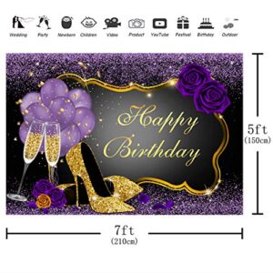 Aperturee 7x5FT Sweet Purple Happy Birthday Backdrop Rose Shiny Sequin High Heels Champagne Golden Frame Glasses Photography Background Party Decorations Adults Women Photo Booth Props Banner