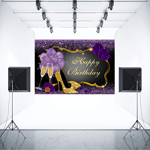 Aperturee 7x5FT Sweet Purple Happy Birthday Backdrop Rose Shiny Sequin High Heels Champagne Golden Frame Glasses Photography Background Party Decorations Adults Women Photo Booth Props Banner
