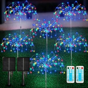 outdoor solar garden lights 6 pack, 120 led copper wire light with remote, 8 lighting modes decorative stake landscape light diy solar firework light for garden pathway party decor (multi)