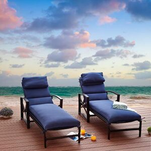 festival depot 2 pieces patio outdoor chaise lounge recliner chairs with cushions set premium fabric metal frame furniture garden bistro soft headrests (blue)