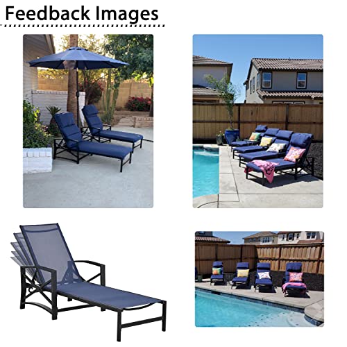 Festival Depot 2 Pieces Patio Outdoor Chaise Lounge Recliner Chairs with Cushions Set Premium Fabric Metal Frame Furniture Garden Bistro Soft Headrests (Blue)