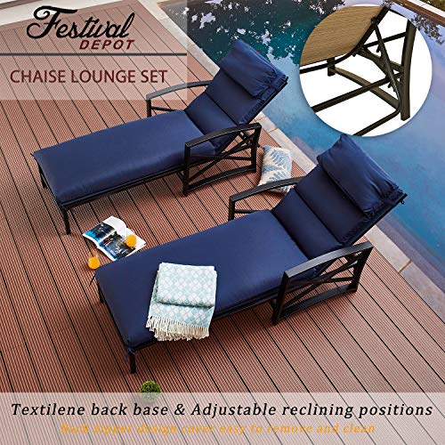 Festival Depot 2 Pieces Patio Outdoor Chaise Lounge Recliner Chairs with Cushions Set Premium Fabric Metal Frame Furniture Garden Bistro Soft Headrests (Blue)