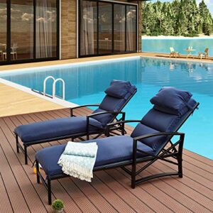 Festival Depot 2 Pieces Patio Outdoor Chaise Lounge Recliner Chairs with Cushions Set Premium Fabric Metal Frame Furniture Garden Bistro Soft Headrests (Blue)