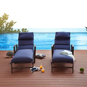 Festival Depot 2 Pieces Patio Outdoor Chaise Lounge Recliner Chairs with Cushions Set Premium Fabric Metal Frame Furniture Garden Bistro Soft Headrests (Blue)