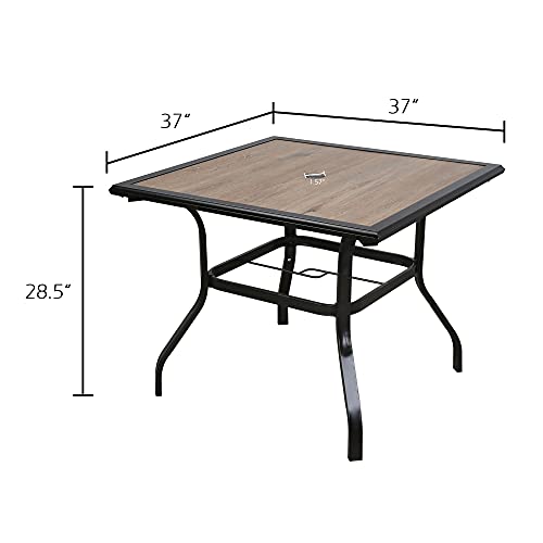 PATIO TREE Outdoor Dining Table, Steel Frame Wooden-Like Dining Table Patio Square Heavy-Duty Garden Table with Umbrella Hole