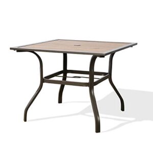 patio tree outdoor dining table, steel frame wooden-like dining table patio square heavy-duty garden table with umbrella hole