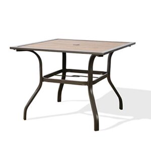 PATIO TREE Outdoor Dining Table, Steel Frame Wooden-Like Dining Table Patio Square Heavy-Duty Garden Table with Umbrella Hole