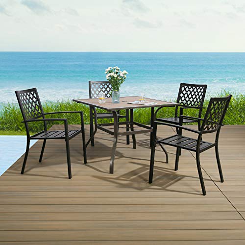 PATIO TREE Outdoor Dining Table, Steel Frame Wooden-Like Dining Table Patio Square Heavy-Duty Garden Table with Umbrella Hole