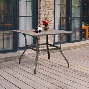 PATIO TREE Outdoor Dining Table, Steel Frame Wooden-Like Dining Table Patio Square Heavy-Duty Garden Table with Umbrella Hole