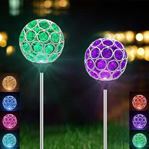 2 pack solar lights outdoor decorative – magic crystal waterproof solar globe lights, 7 color changing led solar garden stake lights for patio lawn yard walkway pathway halloween christmas decor
