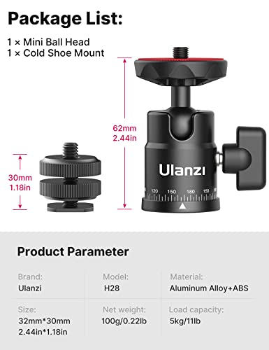 Mini Ball Head, ULANZI H28 Panoramic Tripod Head + Dual Hot Shoe Mount DSLR Camera Mount Adapter Photograph Attachment Accessories for Gopro Cam Camcorder Smartphone Light Microphone Loading 5.5lb