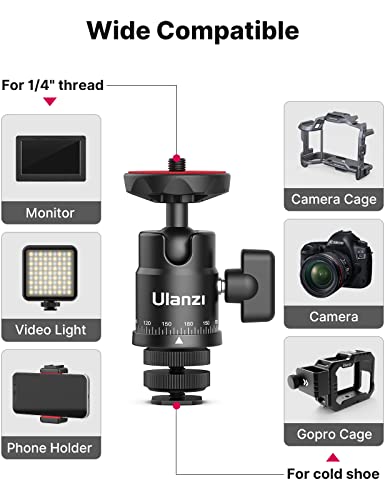 Mini Ball Head, ULANZI H28 Panoramic Tripod Head + Dual Hot Shoe Mount DSLR Camera Mount Adapter Photograph Attachment Accessories for Gopro Cam Camcorder Smartphone Light Microphone Loading 5.5lb