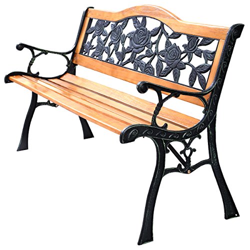 Tangkula Outdoor Garden Bench Park Bench, Patio Furniture Bench Chair with Cast Iron & Hardwood Structure, Weather Proof Porch Loveseat, Perfect for Backyard, Deck, Lawn, Poolside