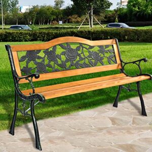 Tangkula Outdoor Garden Bench Park Bench, Patio Furniture Bench Chair with Cast Iron & Hardwood Structure, Weather Proof Porch Loveseat, Perfect for Backyard, Deck, Lawn, Poolside